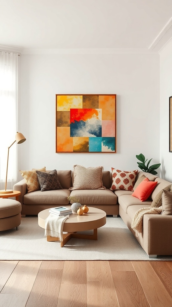 A cozy living room featuring a colorful abstract art piece above a beige sectional sofa with decorative pillows.