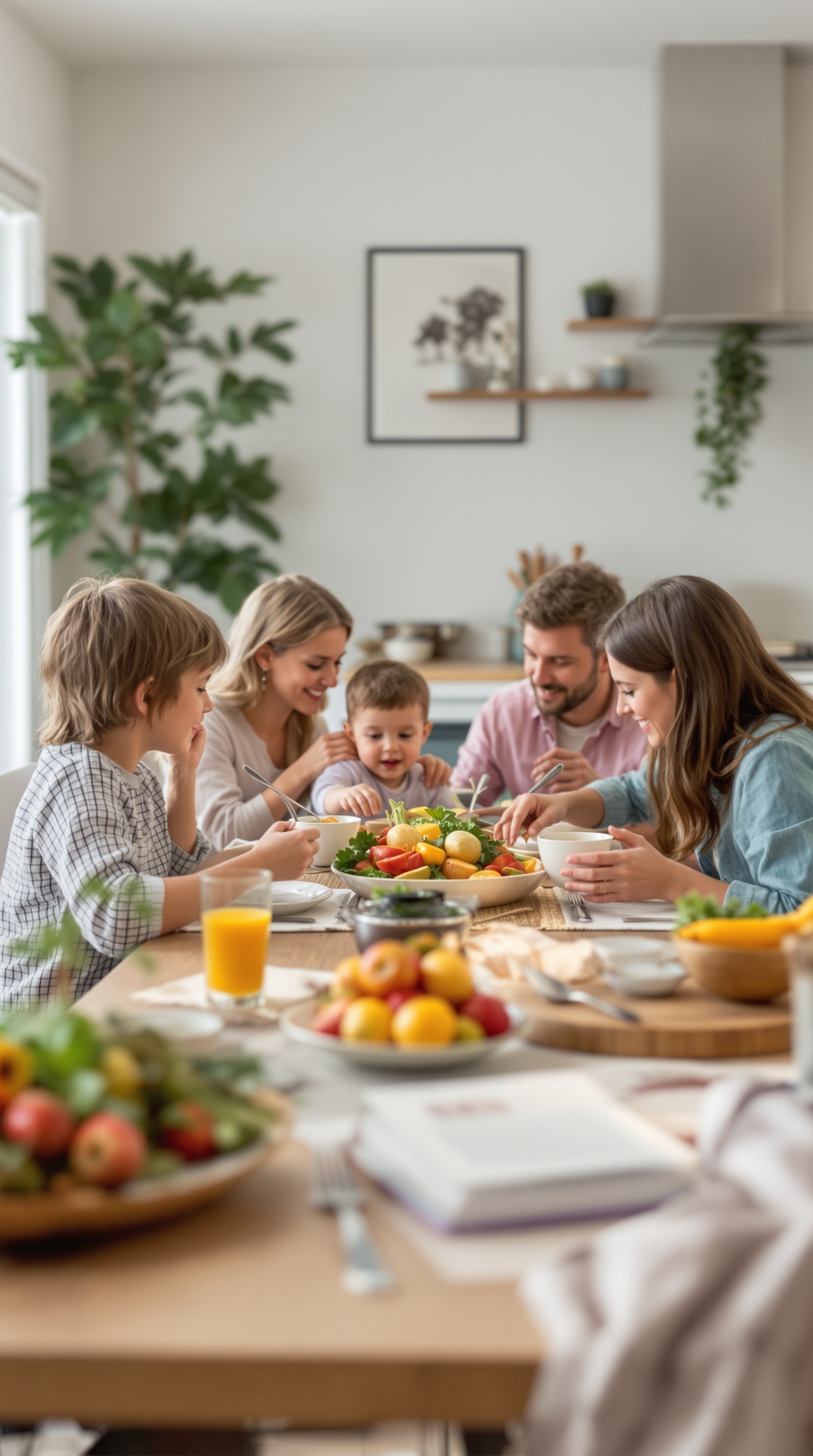 A family enjoying dinner together at a table filled with fruits and dishes, showcasing joy and connection.