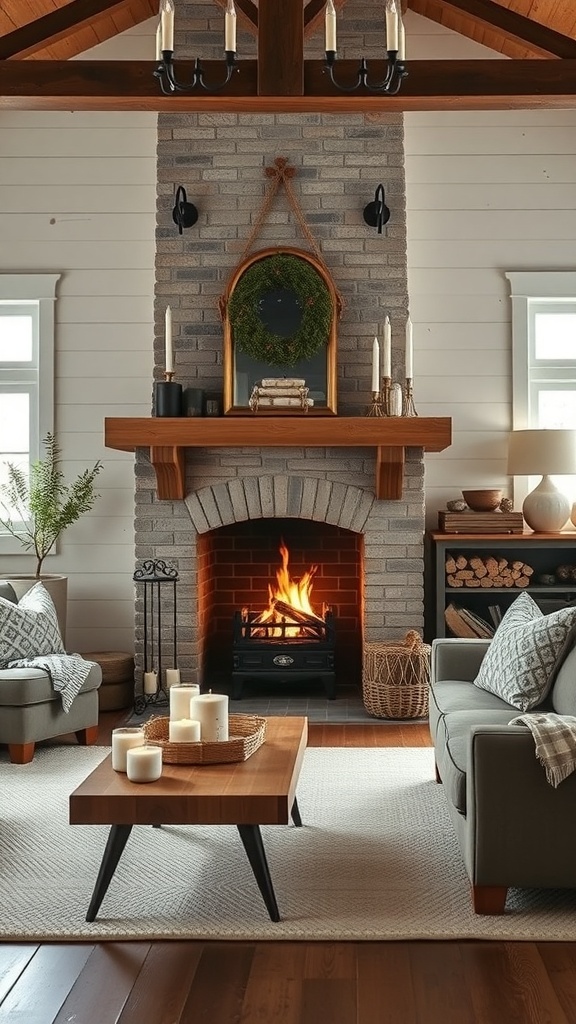 A rustic farmhouse fireplace with a warm fire, surrounded by cozy seating and decorative elements.