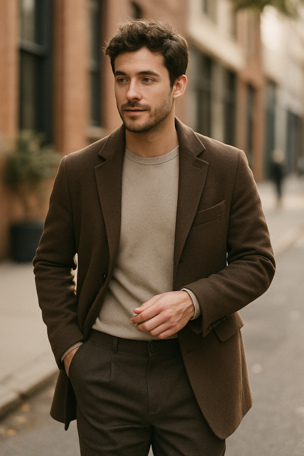 A man wearing a brown blazer over a light sweater, showcasing a minimalist fashion style.