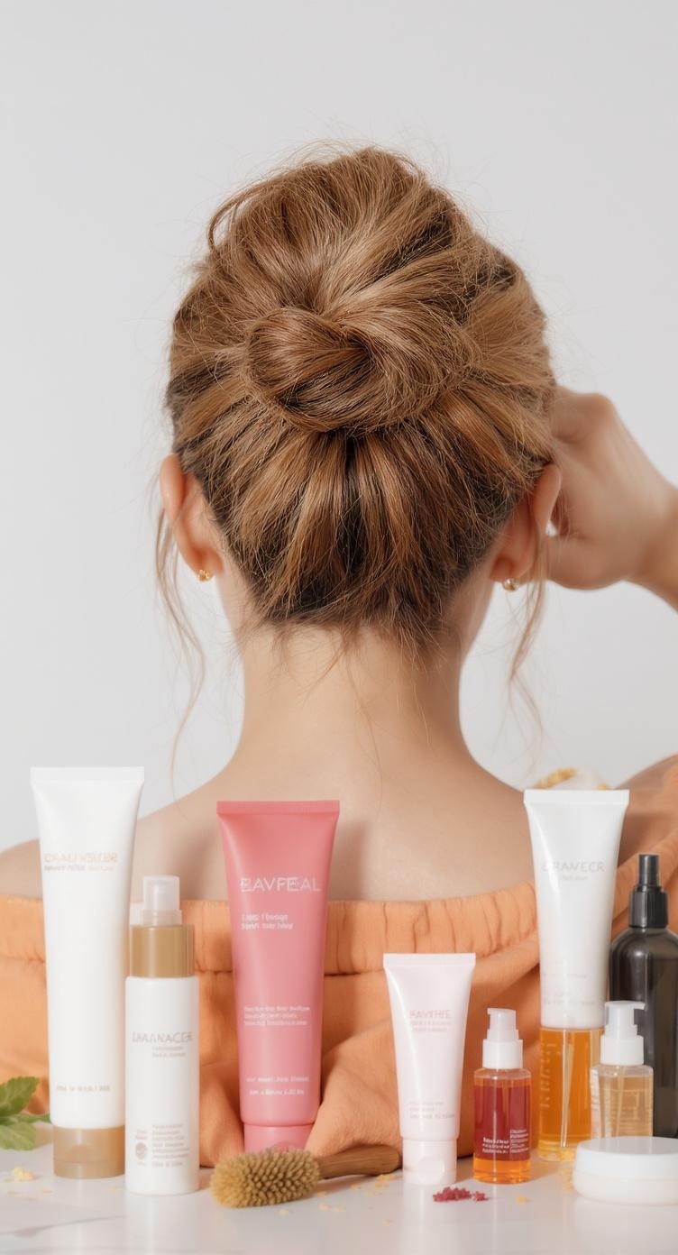A woman with a messy bun hairstyle, surrounded by various hair products.