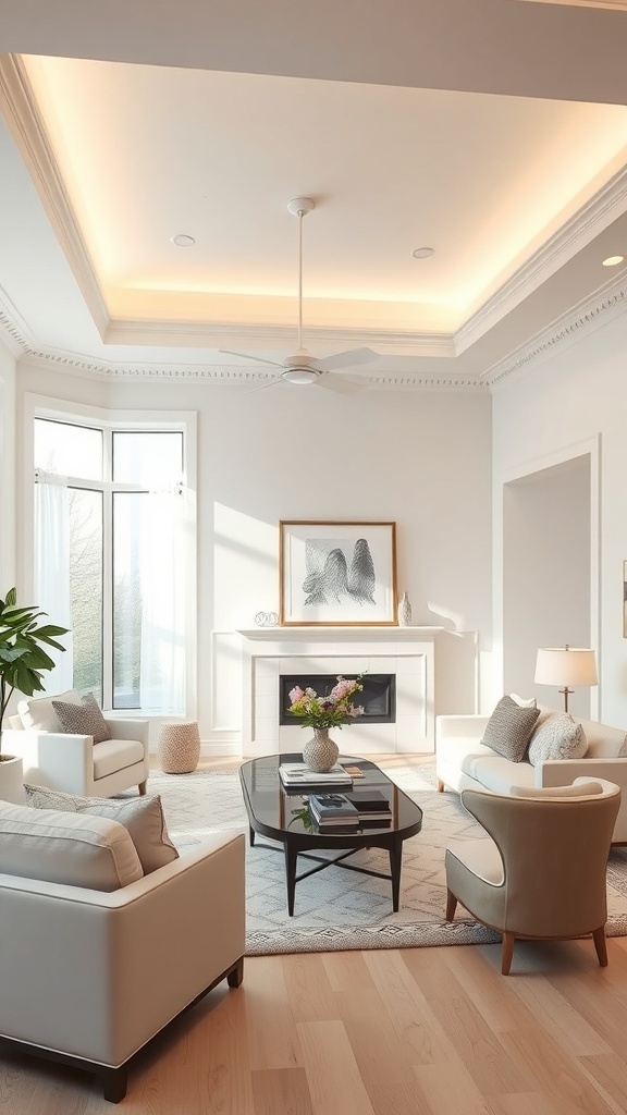 Well-lit living room featuring an accent ceiling with ambient lighting
