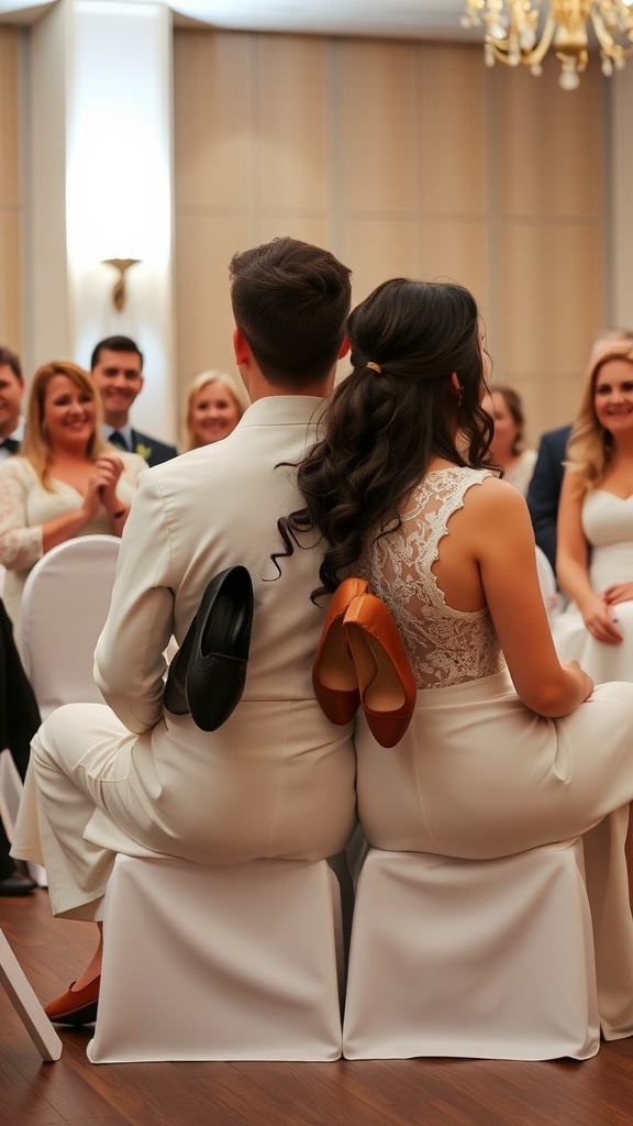 A couple playing the Shoe Game at their wedding reception, sitting back-to-back with shoes in hand and guests watching