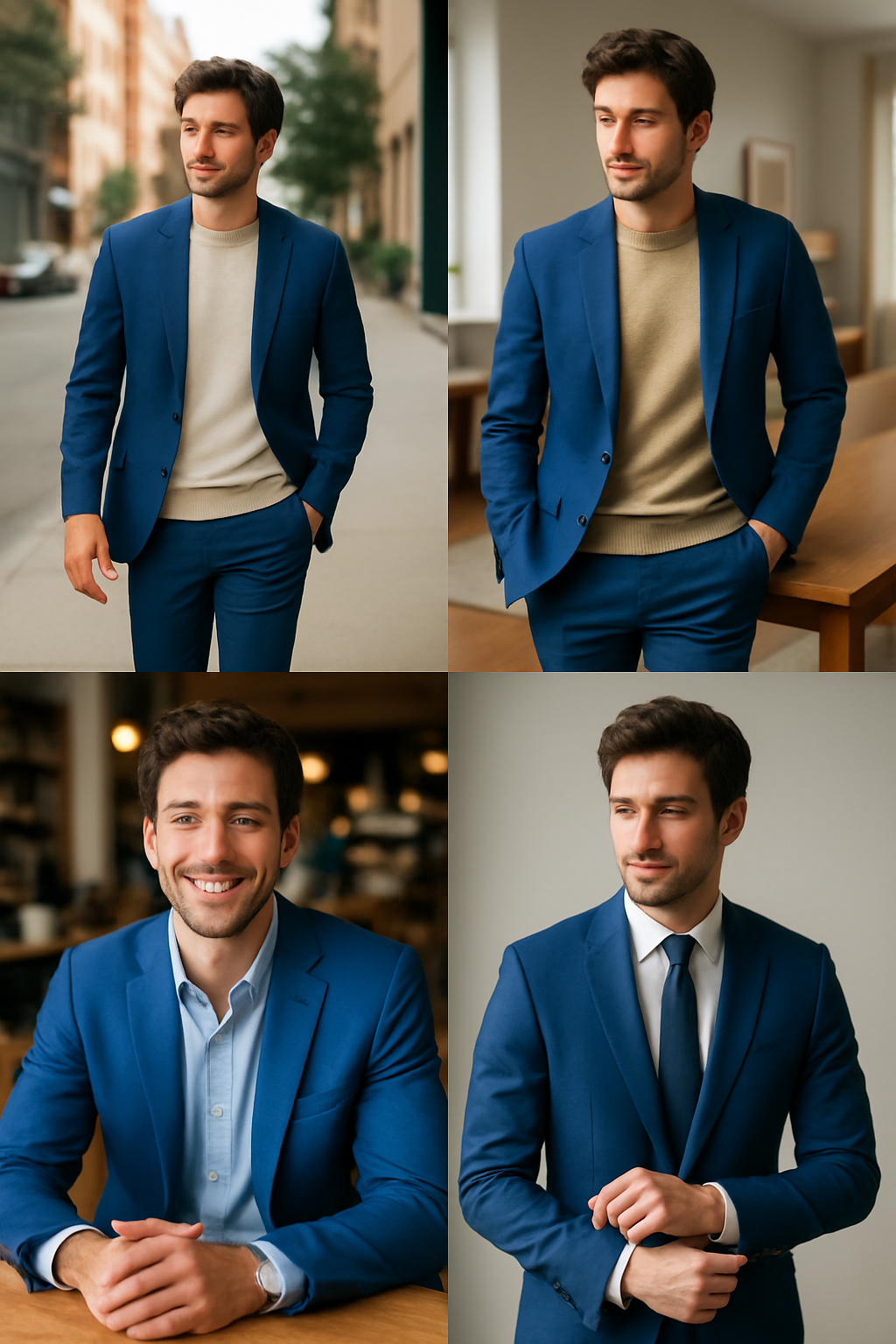 A man in a royal blue suit, showcasing different styles and settings.