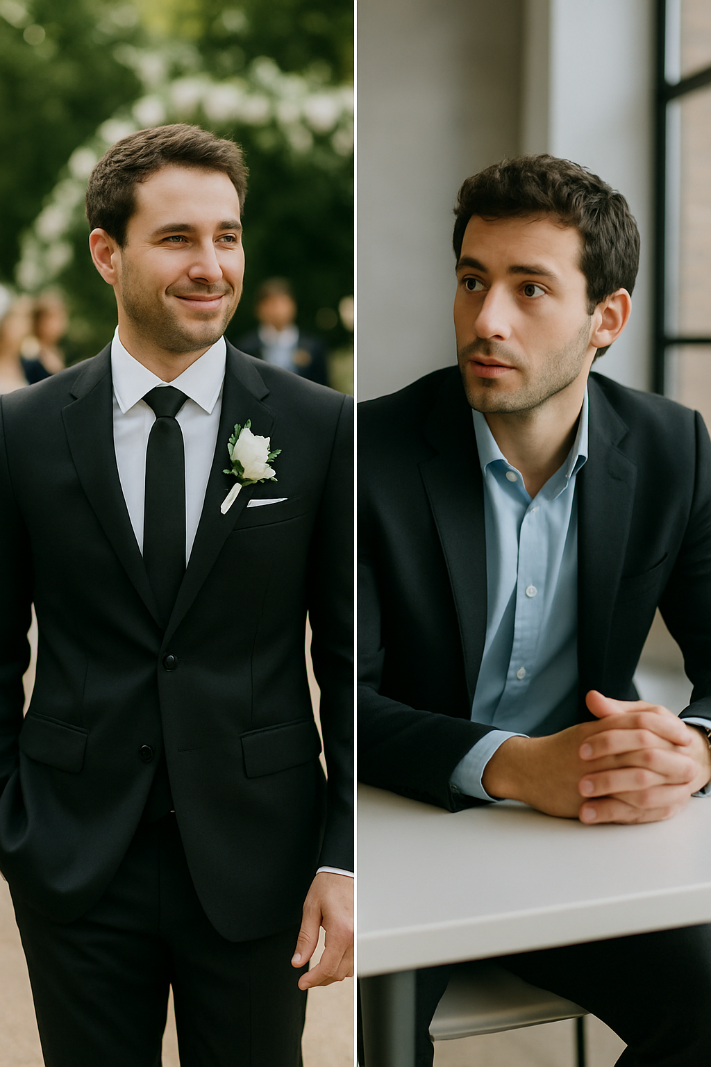 Two men in black suits; one in a formal setting with a boutonniere and the other in a casual setting with a lighter shirt.
