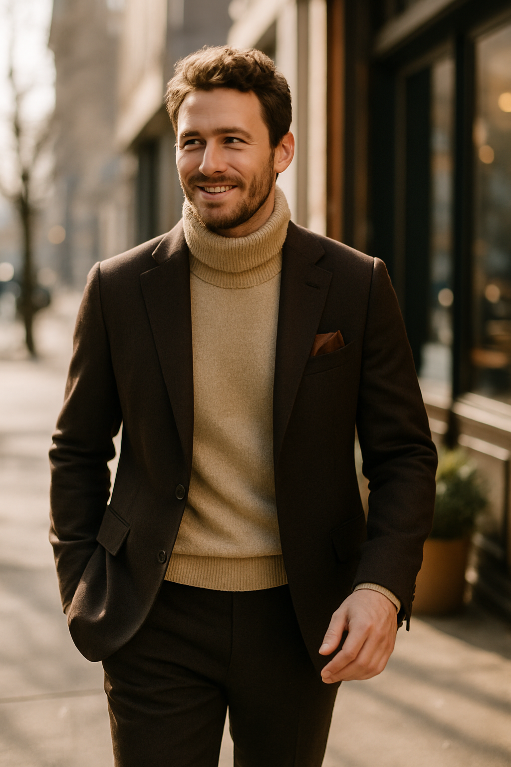A man wearing a dark brown suit with a turtleneck, smiling while walking outdoors.