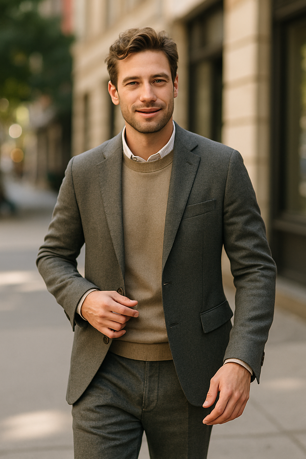 A man in a gray suit with a sweater, walking confidently on the street.