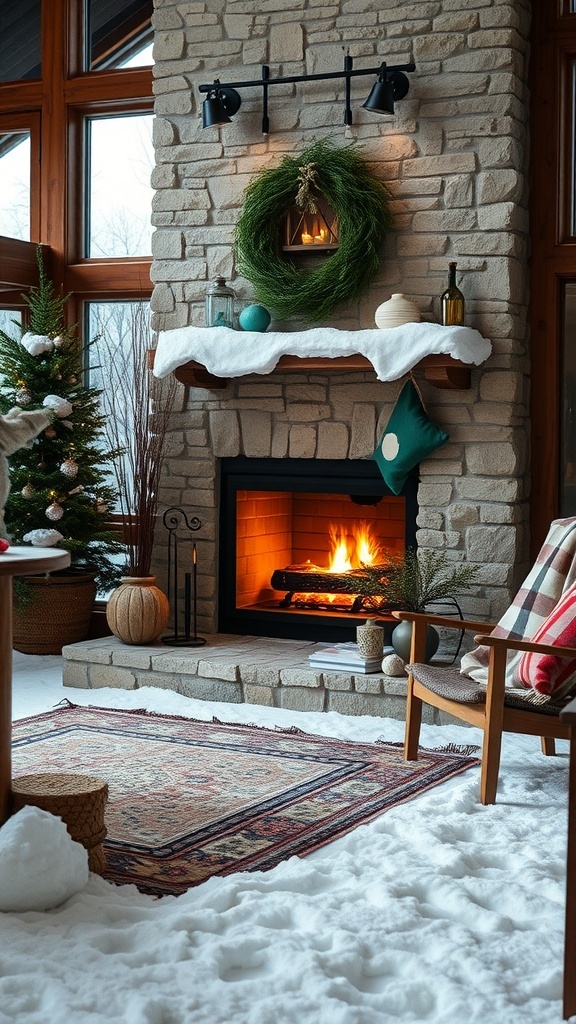 A cozy stone fireplace with a warm fire, decorated for winter with a wreath and surrounded by snow.