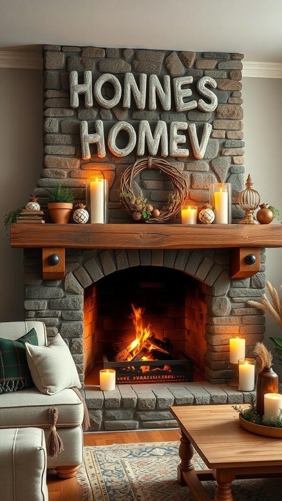 A rustic stone fireplace with wooden accents, candles, and decorative items.