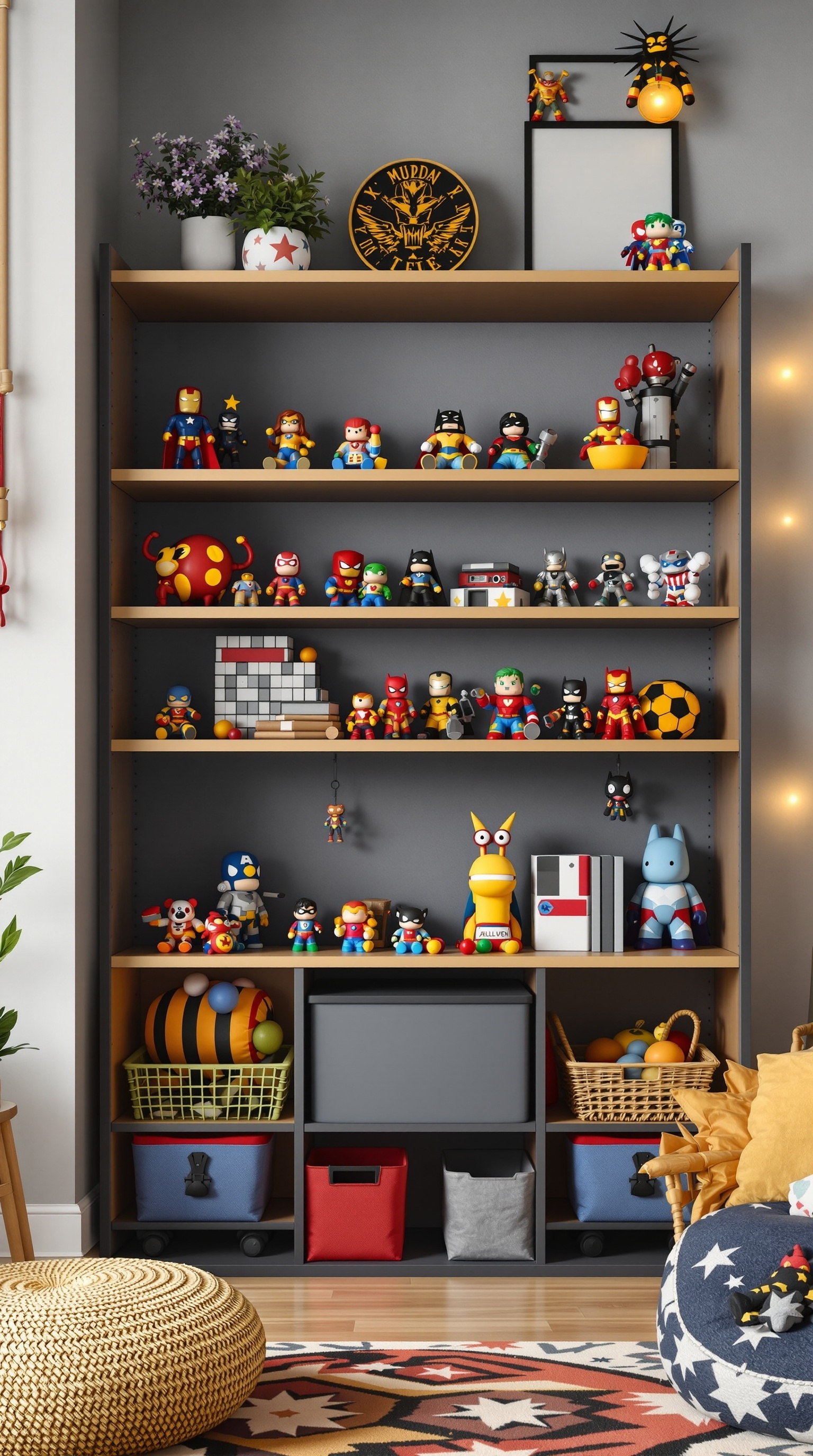 A colorful toy shelf filled with superhero action figures and storage bins.