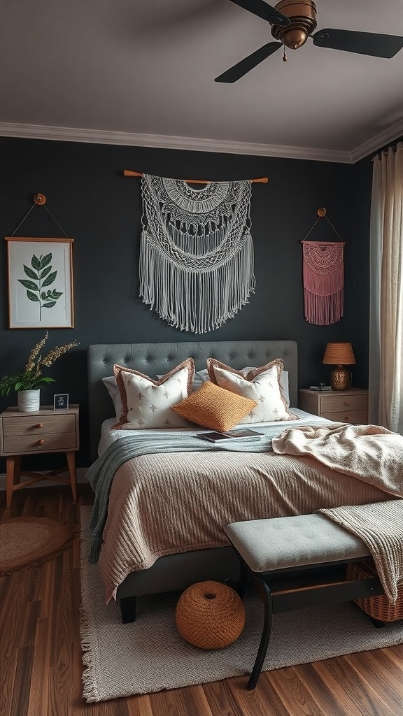A dark themed teen bedroom featuring macramé wall art, cozy bedding, and warm lighting.