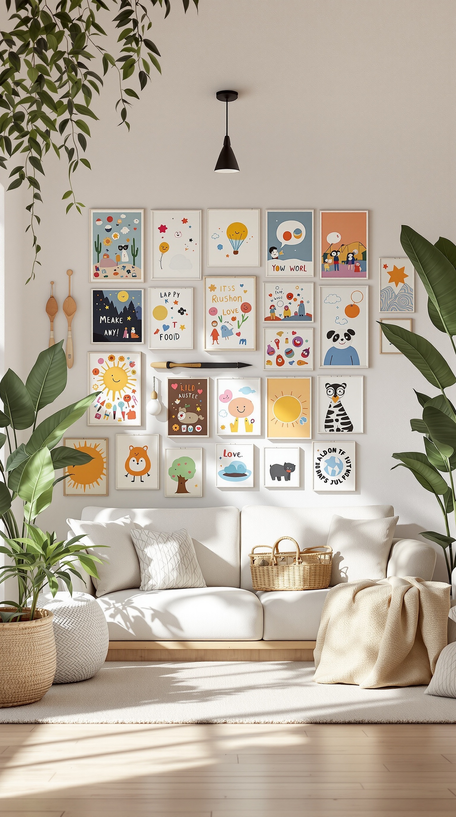 A cozy living room with a wall displaying colorful children's artwork in frames, surrounded by plants and a comfortable sofa.