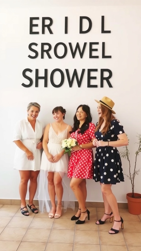 Four women in themed attire celebrating a bridal shower.