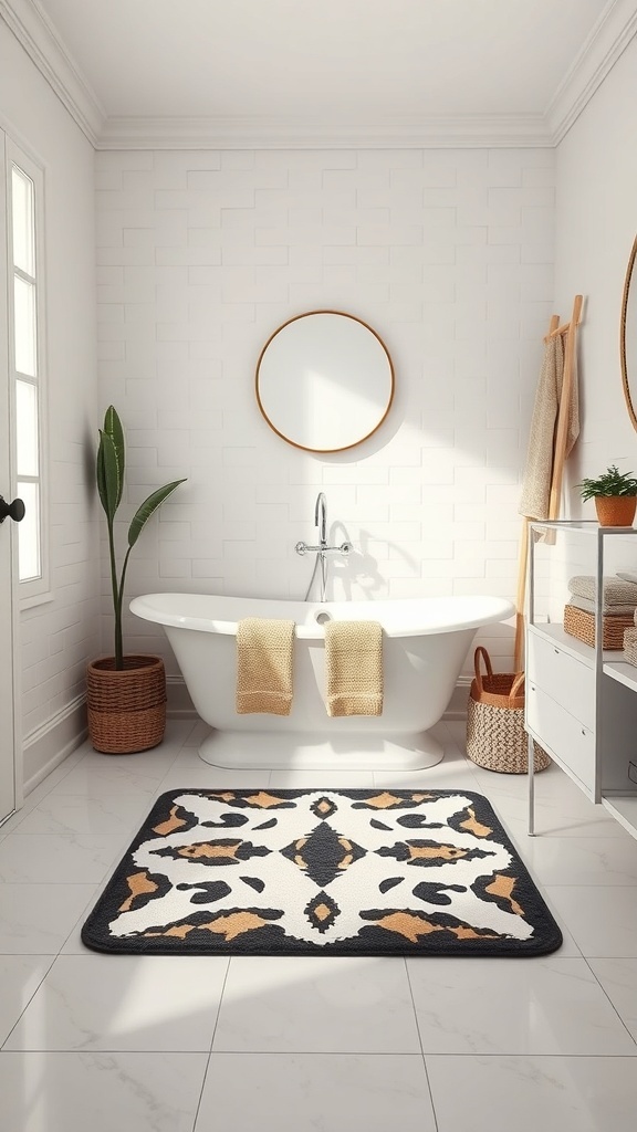 A stylish bathroom with a patterned bath mat, a freestanding bathtub, and a modern design.