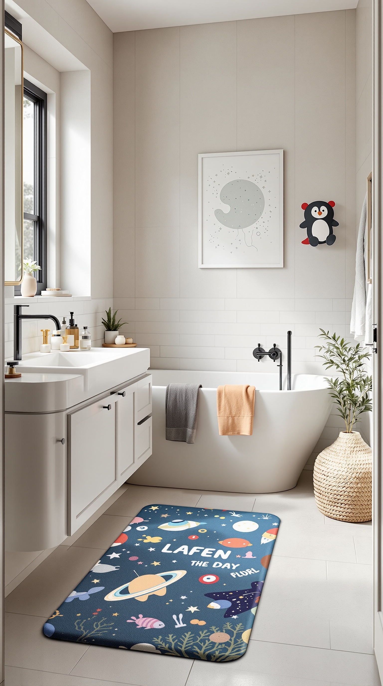 A colorful themed bath mat in a kids' bathroom featuring planets, stars, and sea creatures.