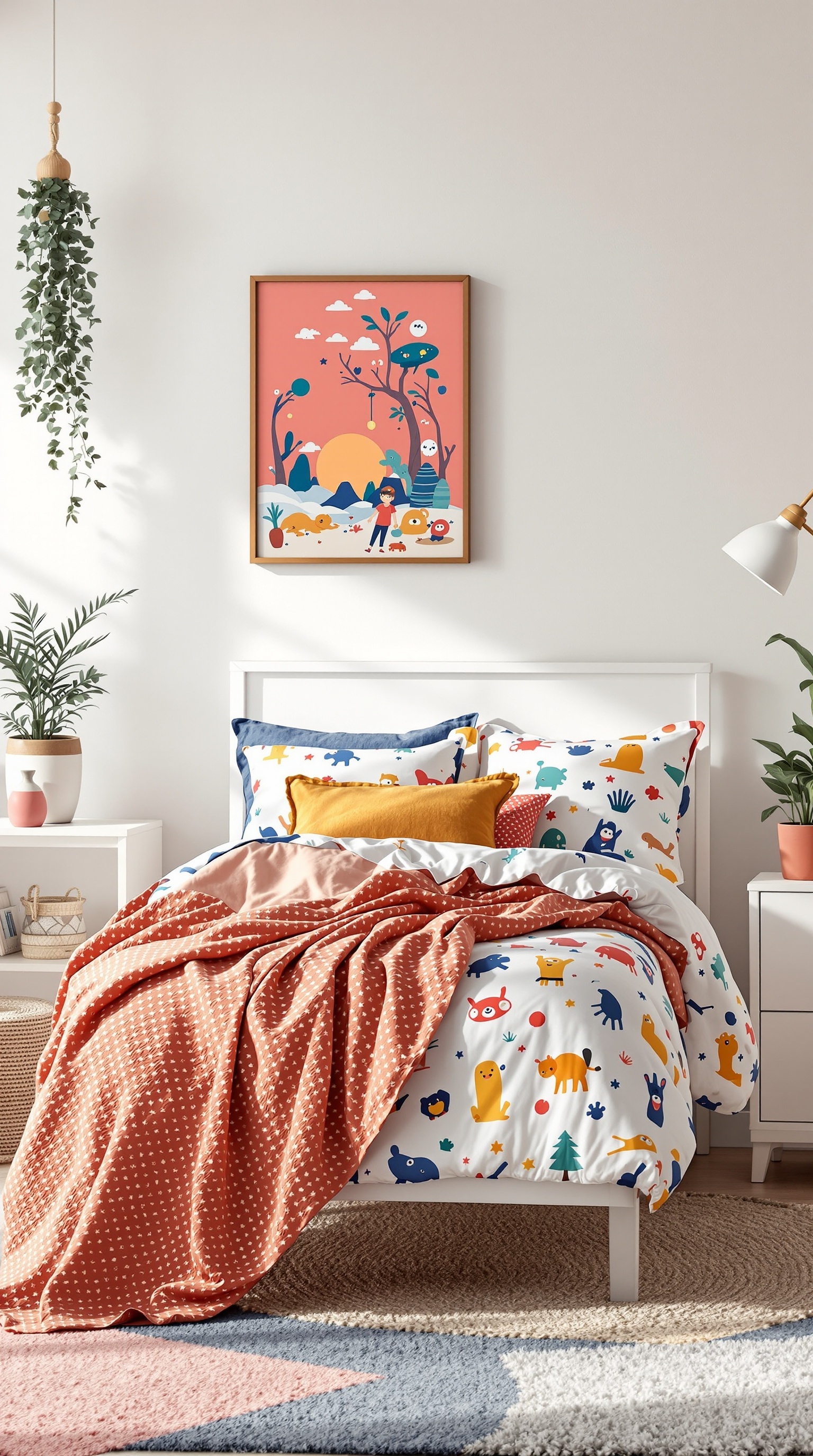 Eclectic kids room with colorful themed bedding, playful animal designs, and cozy textiles.
