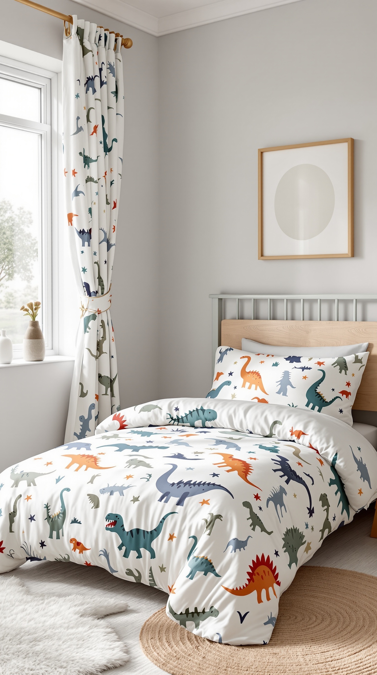 A small kids room featuring dinosaur-themed bedding and curtains, creating a playful atmosphere.