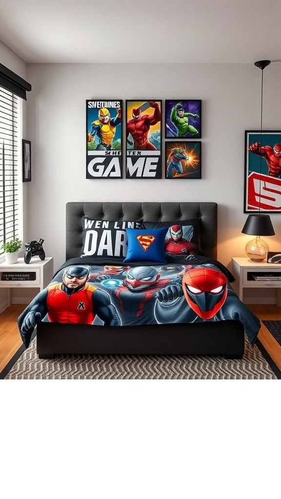 A teen boy's bedroom with superhero-themed bedding, featuring a comforter and pillows showcasing popular characters.