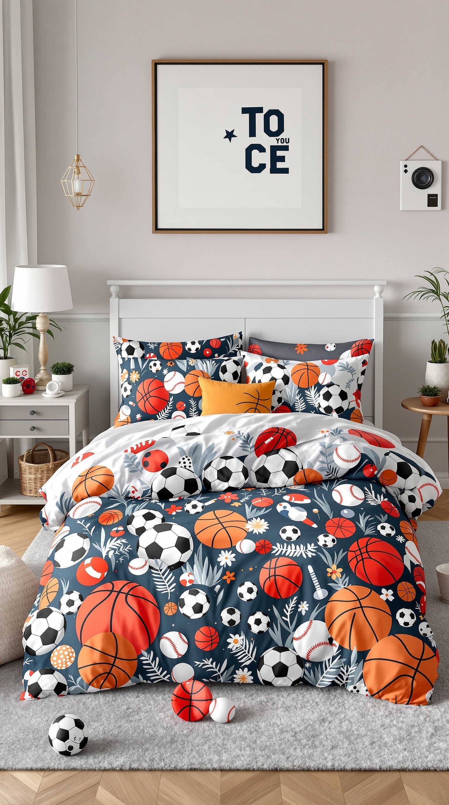 A colorful sports-themed bedding set featuring basketballs, soccer balls, and baseballs, with a cozy bedroom setup.