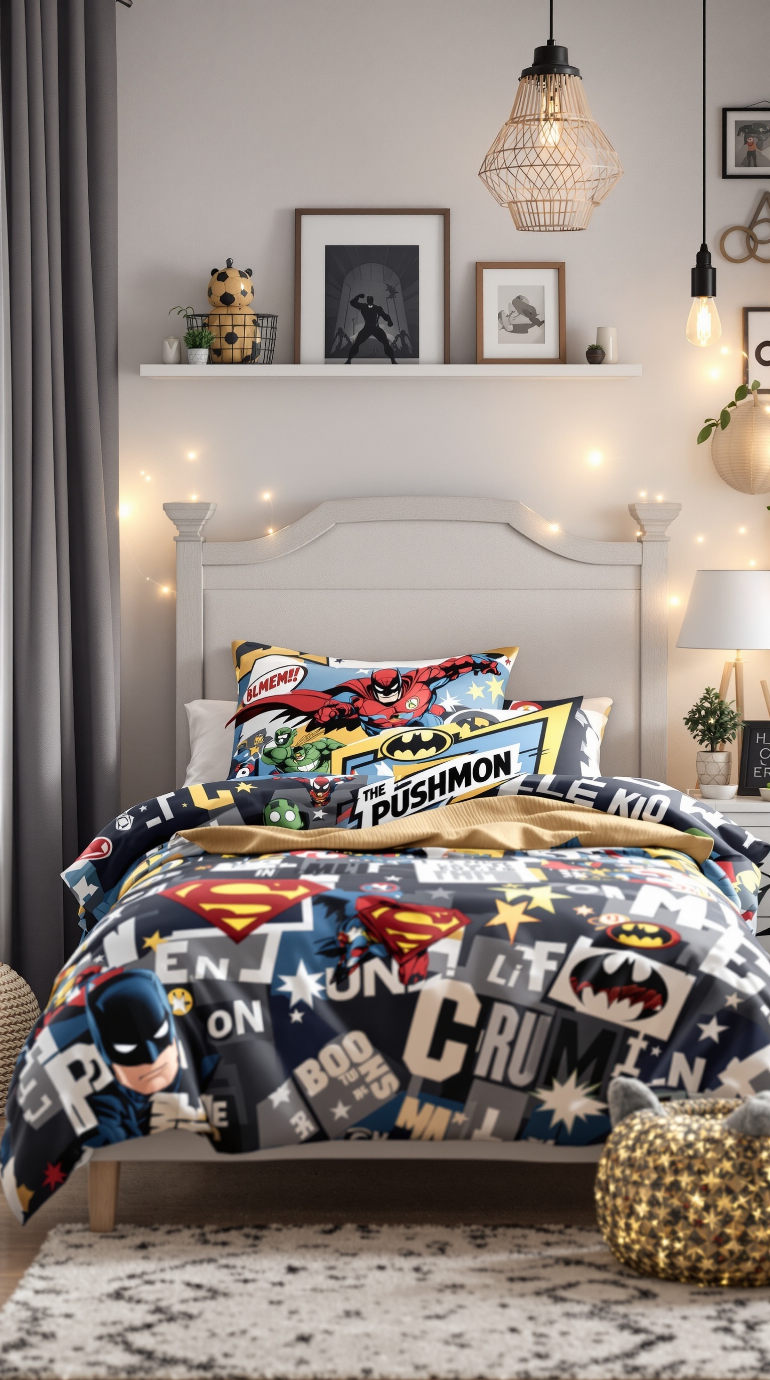A modern kids bedroom featuring superhero themed bedding with Batman and Superman designs.