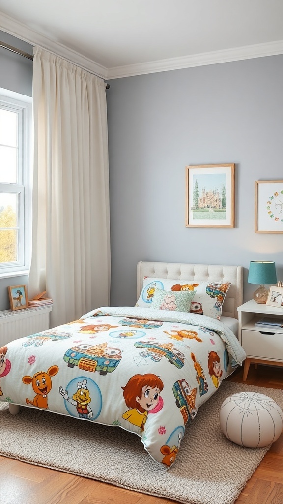 A cozy kids bedroom featuring themed bedding with cartoon characters, a bedside table, and a soft rug.