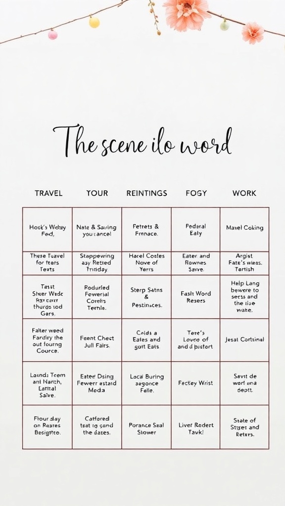 A decorated bingo card for a bridal shower with wedding-related words, surrounded by floral accents.