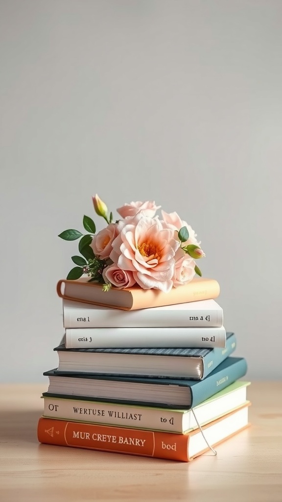 A decorative stack of pastel-colored books topped with a bouquet of roses, perfect for themed bridal shower centerpieces.