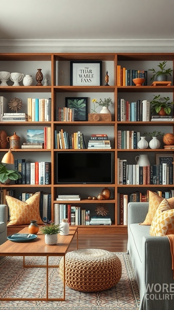 A cozy living room with a themed bookshelf filled with books and decorative items.