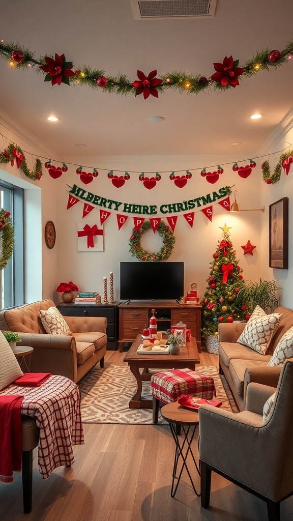 A cozy break room decorated for Christmas with a tree, garlands, and festive seating.