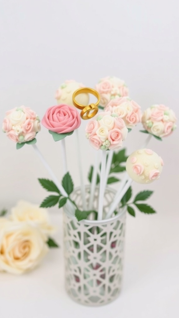 A collection of themed cake pops resembling roses, with a gold wedding ring in the center