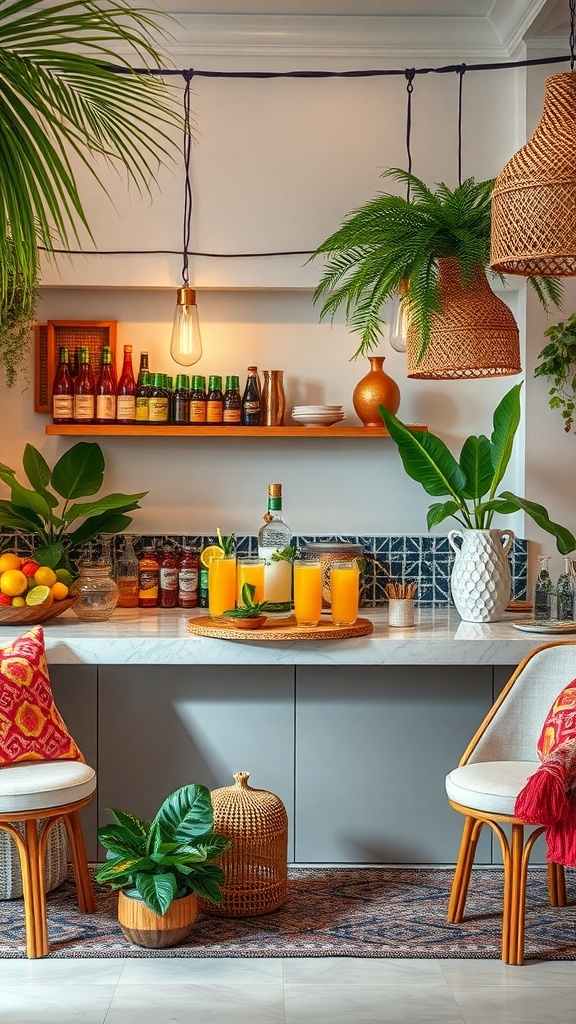 A vibrant cocktail station featuring yellow drinks, fresh fruits, and plants, set in a cozy bar area.