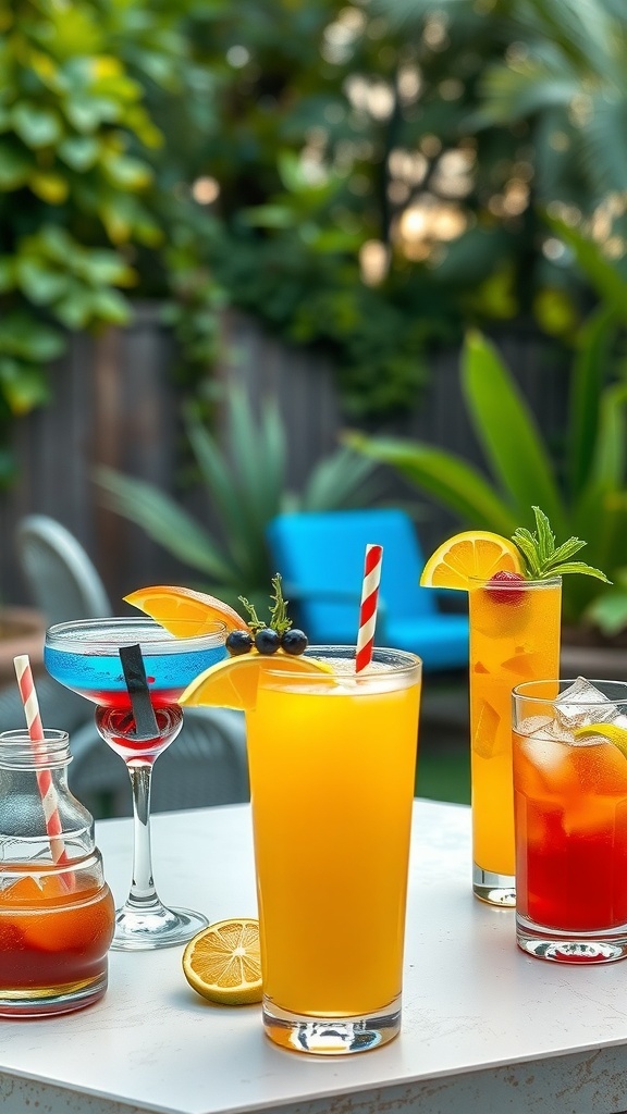 Colorful cocktails on a table with fresh ingredients and garnishes.