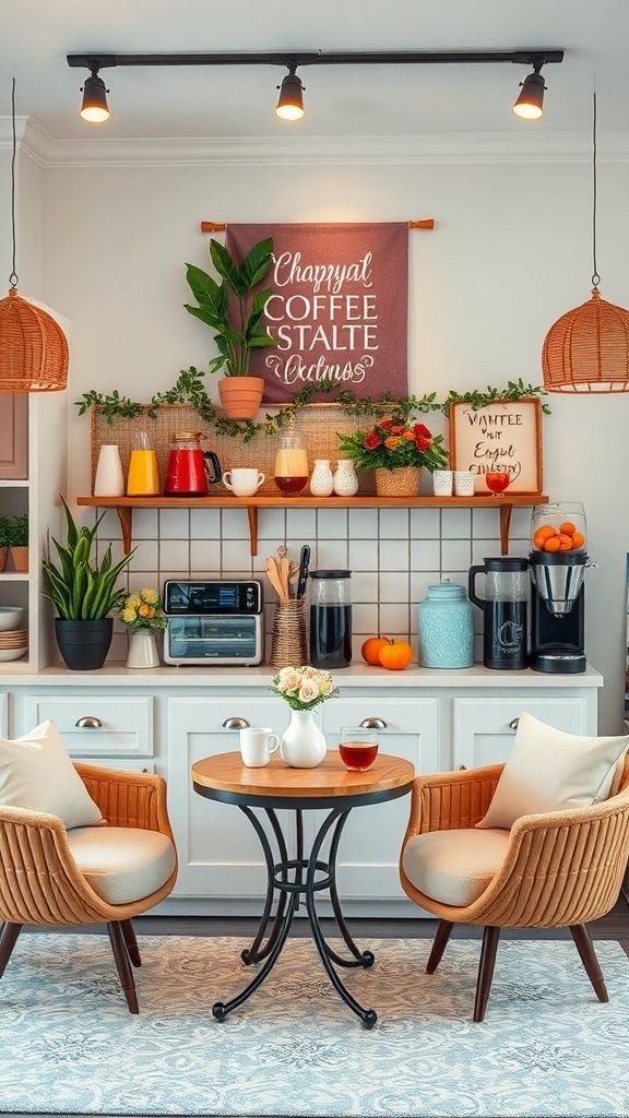 A cozy coffee bar setup with warm lighting, colorful mugs, and inviting decor.