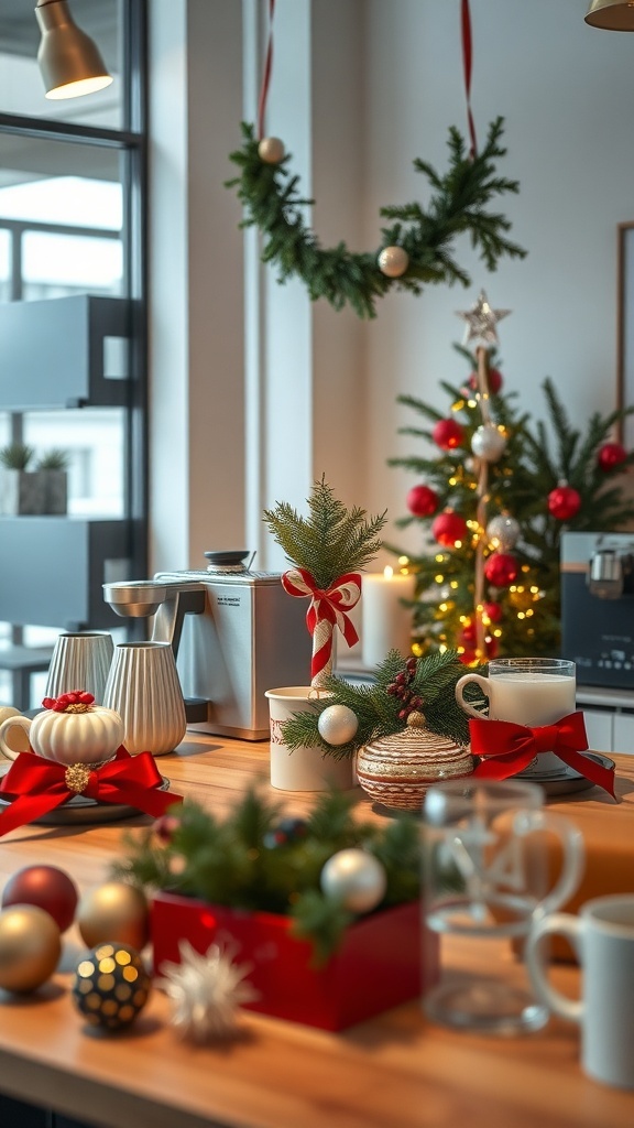 A festive coffee station decorated for Christmas with ornaments, greenery, and a small tree.