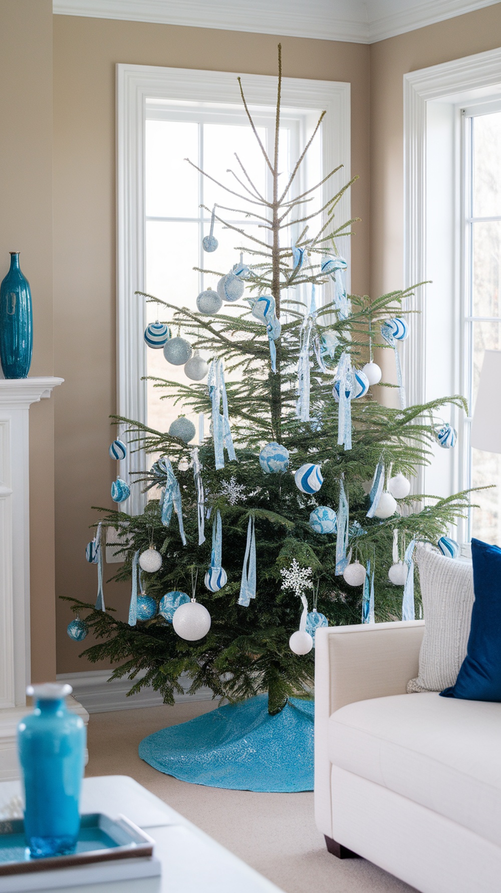 A Christmas tree decorated in blue and white ornaments, with a matching blue tree skirt.