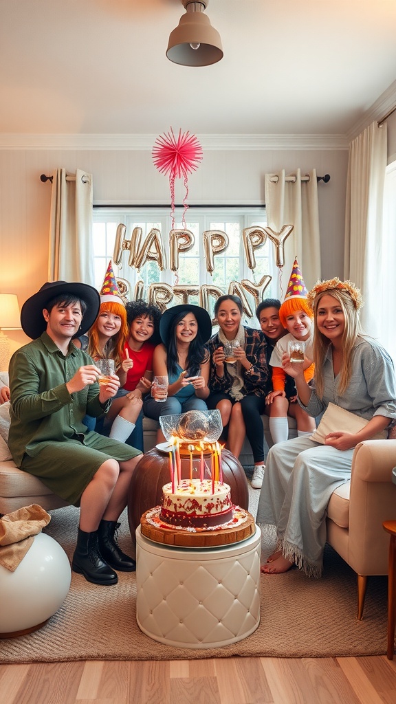 A group of friends celebrating a birthday at home, dressed in colorful costumes with a birthday cake and decorations.