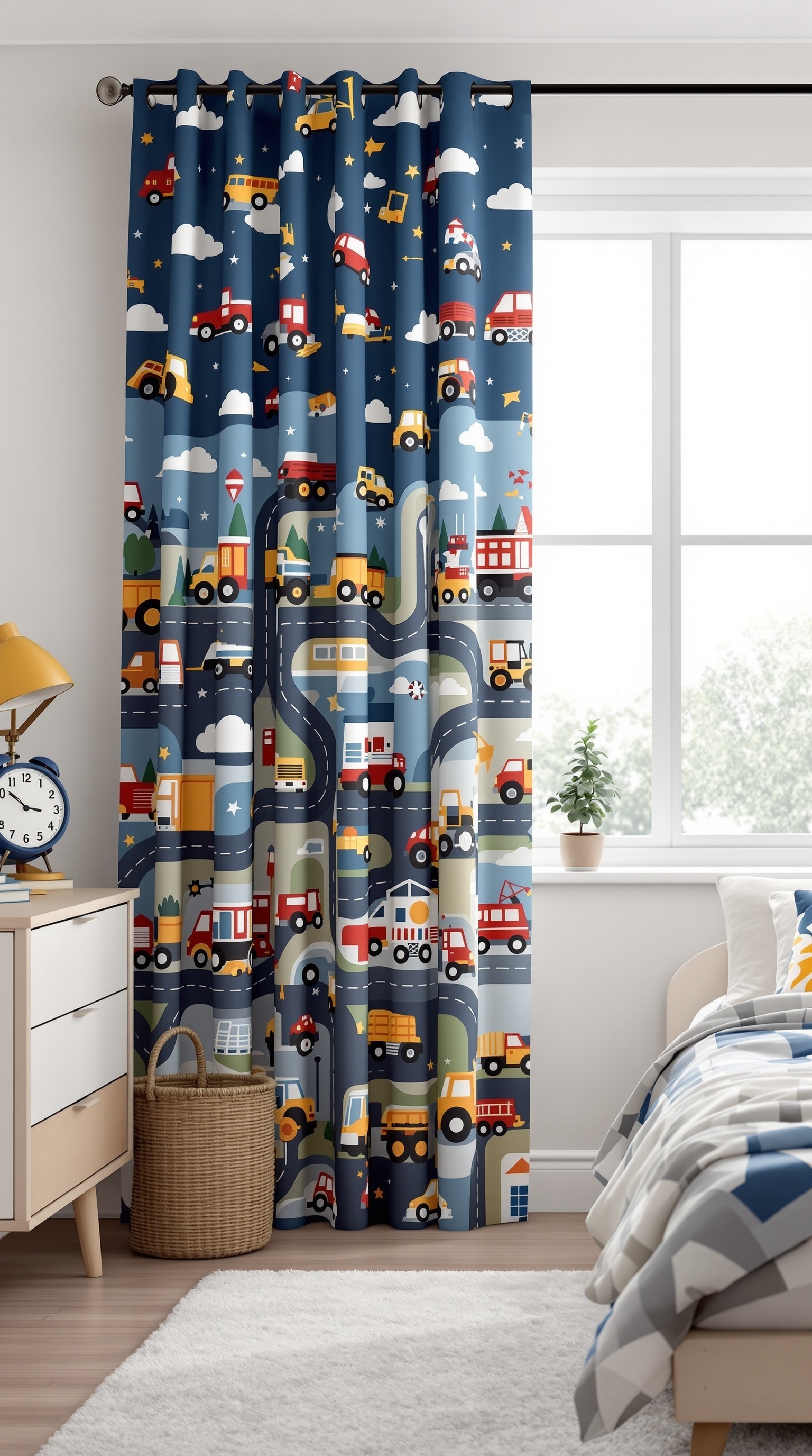 Colorful vehicle-themed curtains in a toddler's bedroom