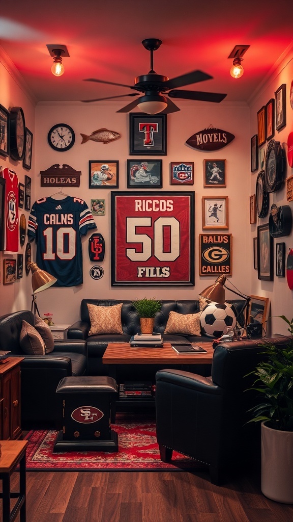 A cozy man cave featuring sports jerseys, framed memorabilia, comfortable seating, and warm lighting.