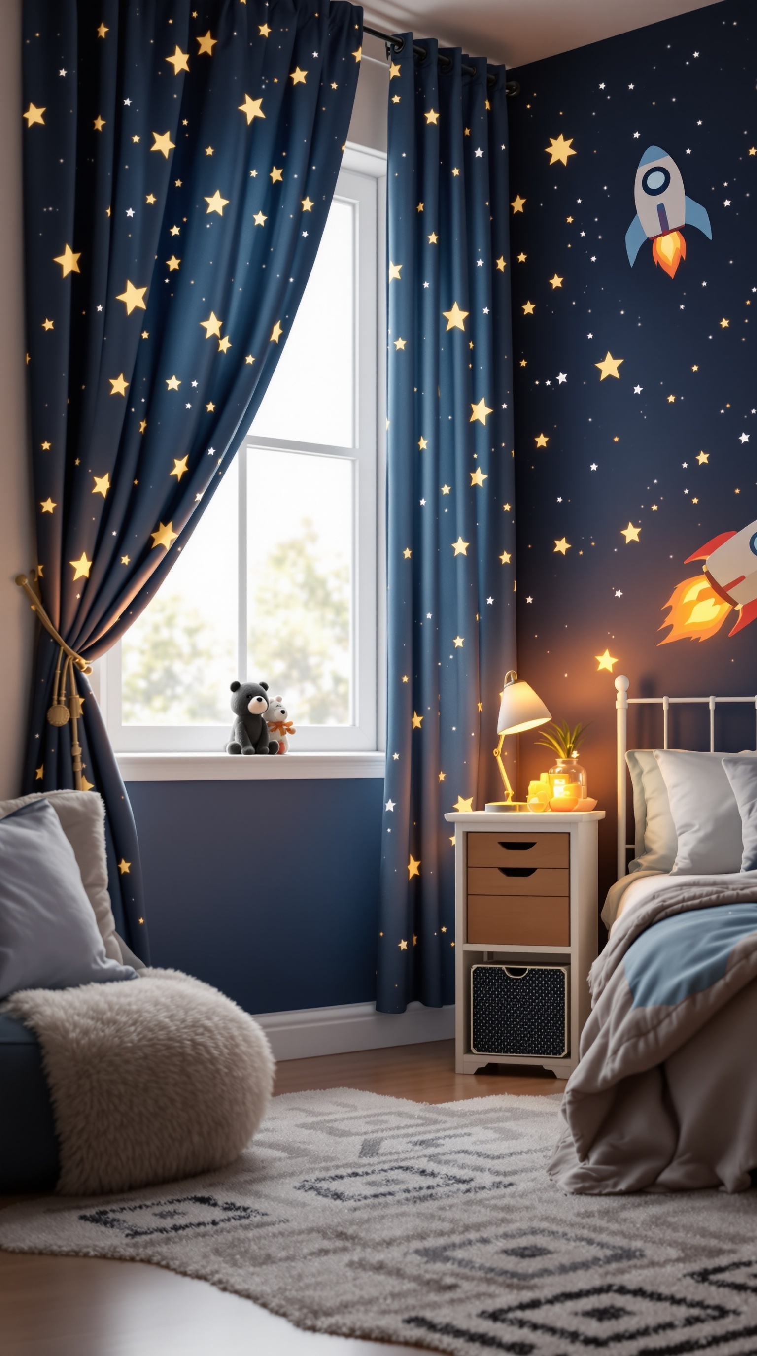 A colorful kids room with navy blue walls, star-themed curtains, and rocket ship decals.