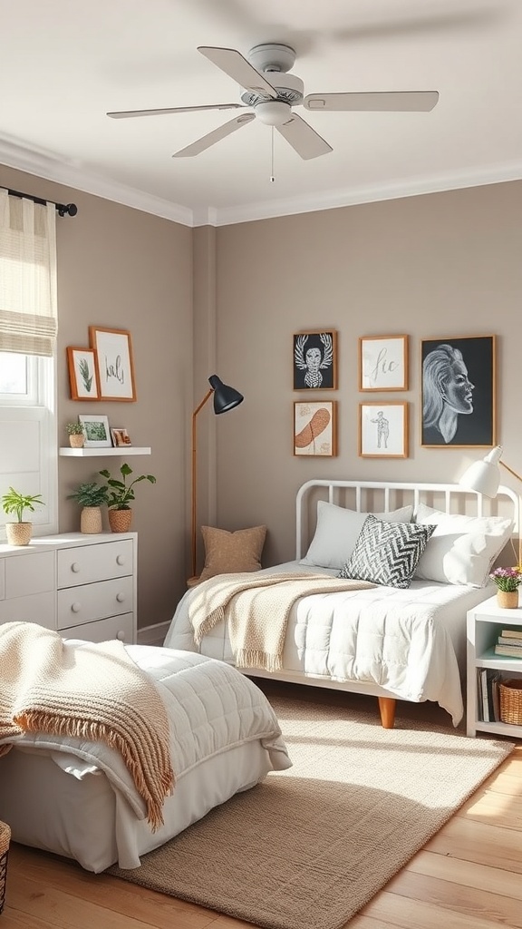 A cozy teen bedroom featuring two beds, neutral walls, and themed decor with artwork and plants.