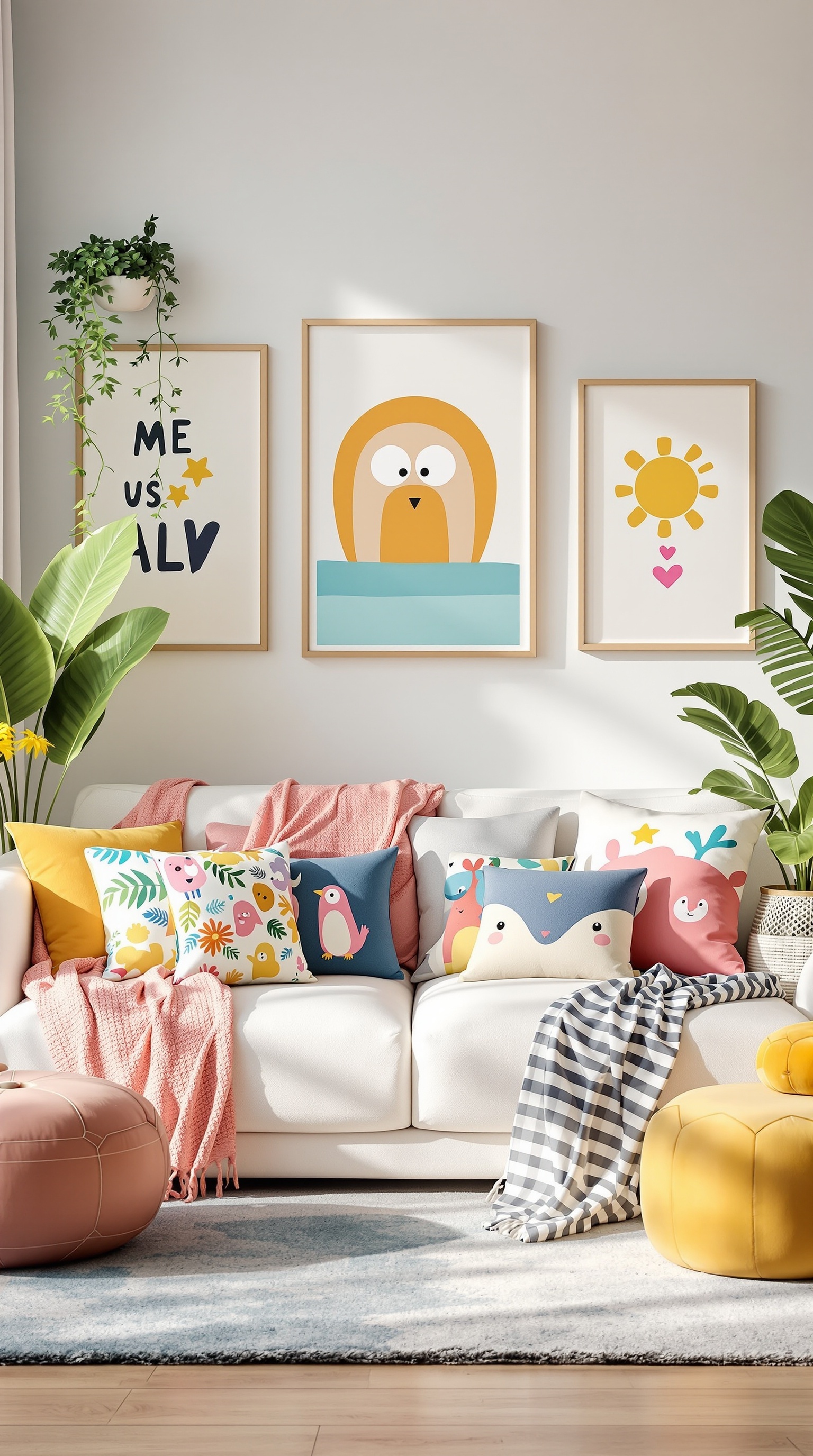 A cozy kids' hangout room with colorful pillows, playful artwork, and a plant.