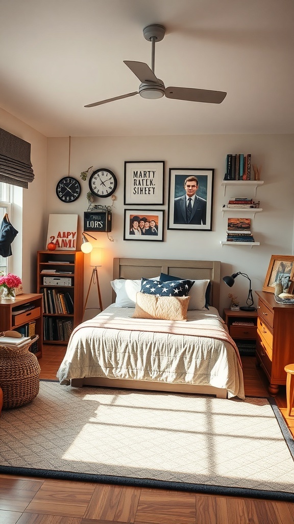 A cozy teen bedroom with a bed, wall art, and warm lighting.