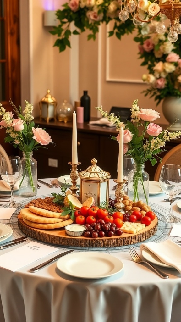 Elegant bridal shower table setting with charcuterie board, flowers, and candlelight.