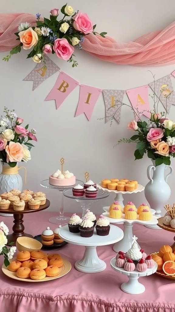 A beautifully arranged themed dessert table for a bridal shower featuring cupcakes, mini cakes, and floral decorations.