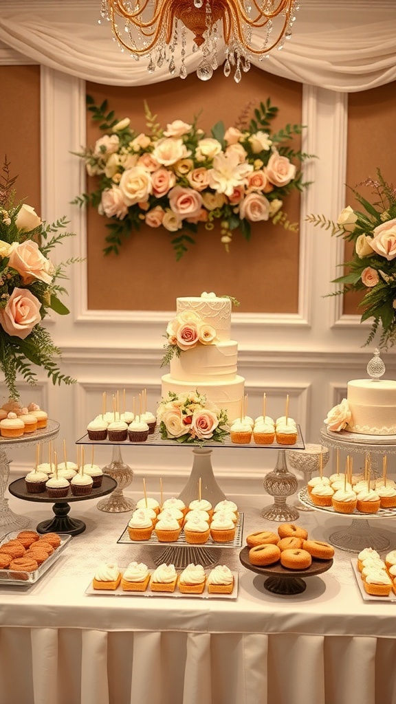 A beautifully arranged dessert table featuring a white cake with flowers, cupcakes, cookies, and a floral backdrop.
