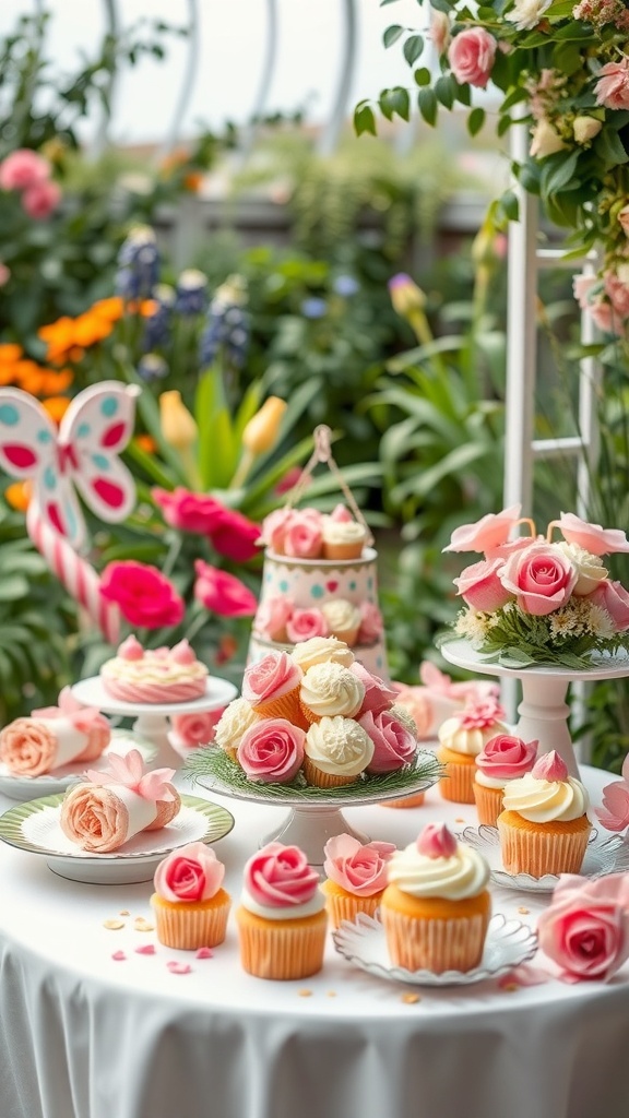 A beautifully arranged dessert table featuring cupcakes and floral decorations in a garden setting