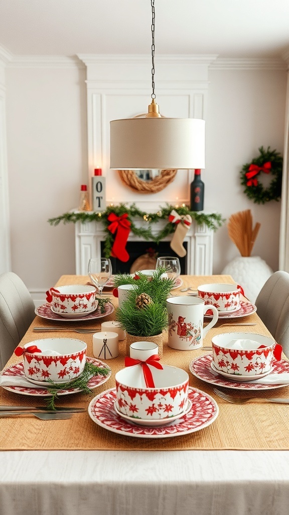 A beautifully set Christmas dining table with themed red and white dinnerware, featuring holiday motifs and simple decor.