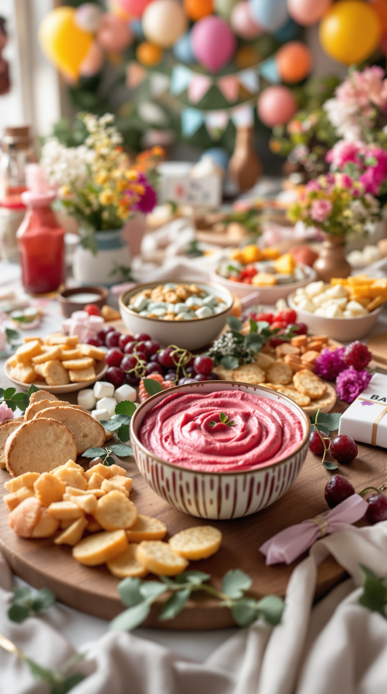 A colorful charcuterie board featuring a pink dip surrounded by crackers, grapes, and snacks, set against a festive backdrop.
