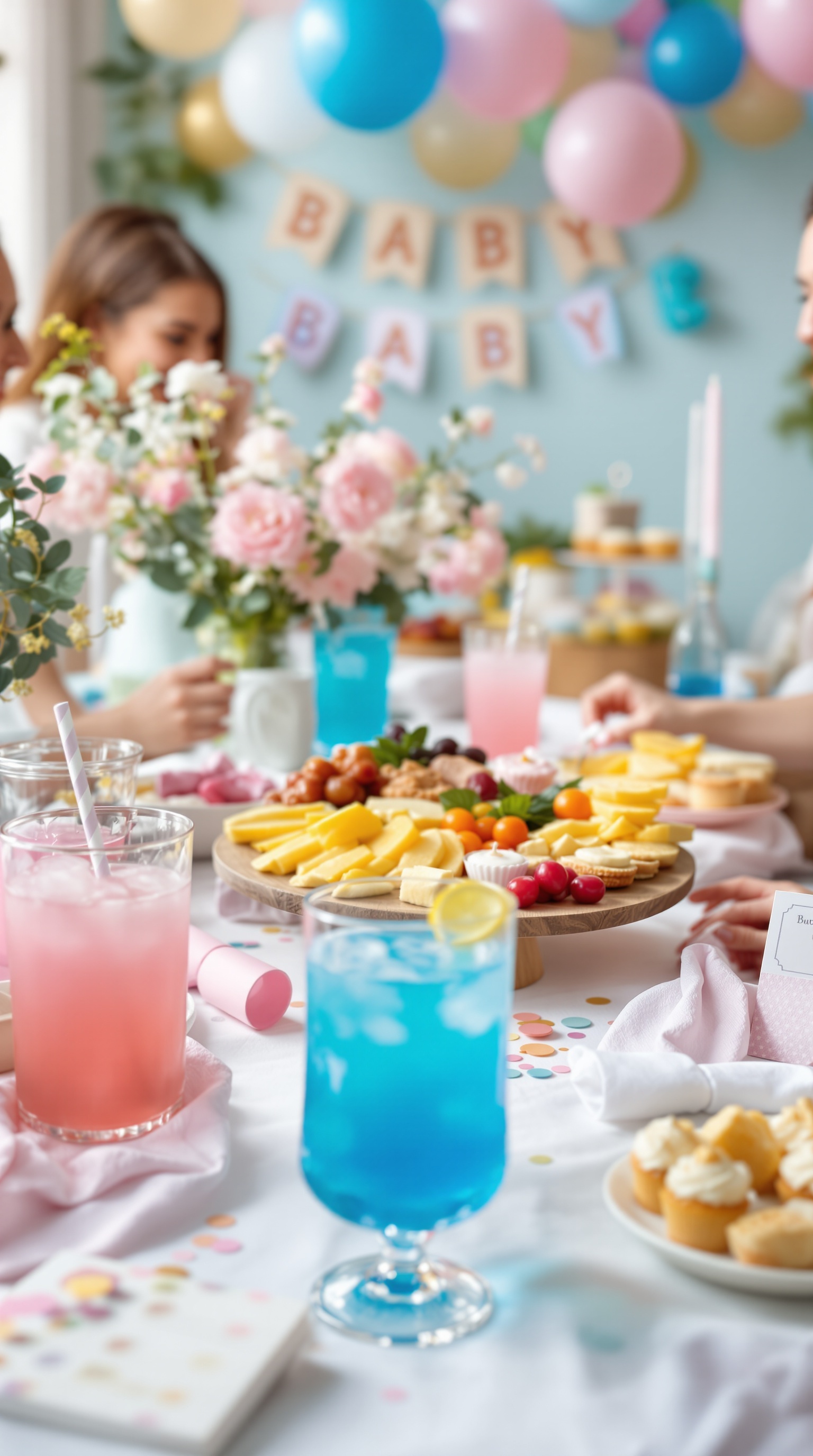 A colorful table setting featuring a charcuterie board and themed drinks for a gender reveal party.