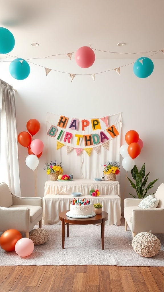 A colorful birthday party setup with balloons, a 'Happy Birthday' banner, and a cake on a table.